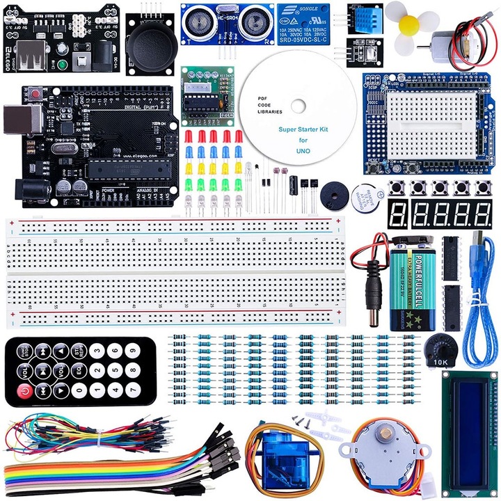 Arduino образователен комплект, TOIITKQ, UNO R3 развойна платка, ултразвуков сензор, 9V, многоцветен