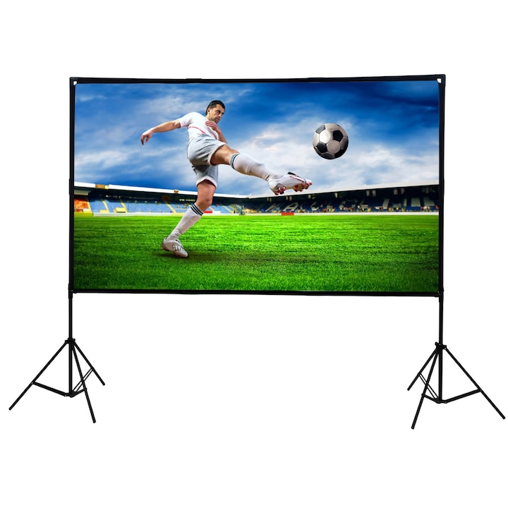 Ecran de proiectie pliabil Extralink 84" PSF-84, format 16:9, dimensiuni 186x105 cm, culoare alba, design pliabil si portabil, instalare rapida, ideal pentru cinema acasa, prezentari sau divertisment multimedia, suprafata uniforma pentru imagini clare si