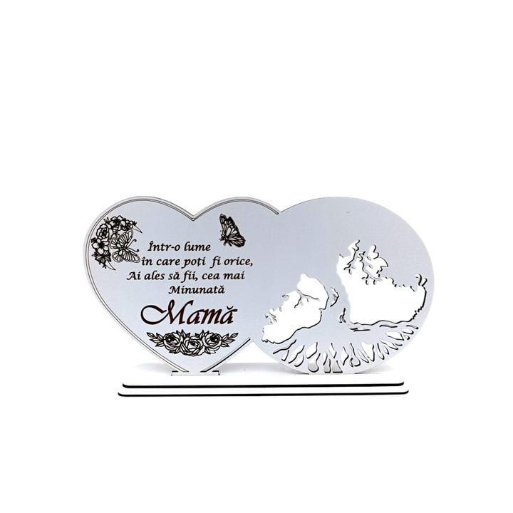 Decoratiune blank inima copacul vietii, personalizata cu mesaj standard pentru Mama "Intr-o lume in care poti fii orice...", baza cu suport din lemn, Alb, 30X16cm