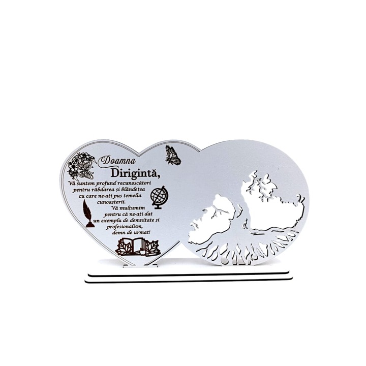 Decoratiune blank inima copacul vietii, personalizata cu mesaj standard pentru Diriginta "Doamna Diriginta va suntem profund recunoscatori...", baza cu suport din lemn, Alb, 30X16cm