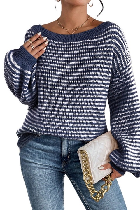 Pulover Dama, Croiala Lejera, Cu Dungi Si Umeri Cazuti, Albastru inchis