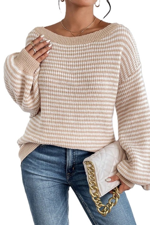 Pulover Dama, Croiala Lejera, Cu Dungi Si Umeri Cazuti, Apricot