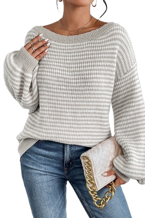 Pulover Dama, Croiala Lejera, Cu Dungi Si Umeri Cazuti, Gri deschis