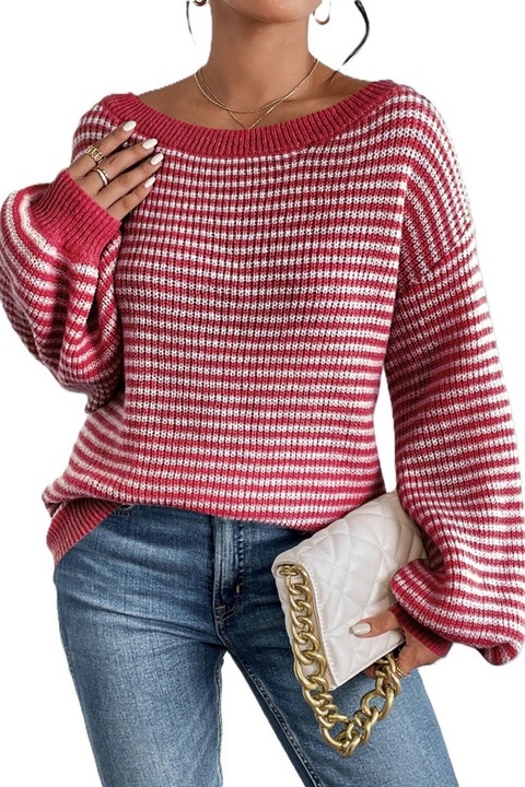 Pulover Dama, Croiala Lejera, Cu Dungi Si Umeri Cazuti, Rosu