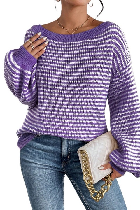 Pulover Dama, Croiala Lejera, Cu Dungi Si Umeri Cazuti, Mov