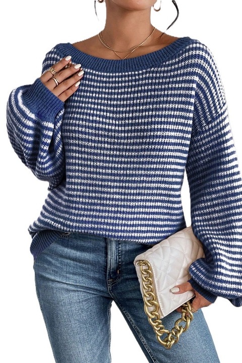 Pulover Dama, Croiala Lejera, Cu Dungi Si Umeri Cazuti, Albastru marin