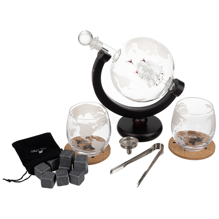 Комплект декантер за уиски, 2 чаши, 2 поставки, щипки и 9 кубчета за охлаждане, Artemis, модел Globe, Стъкло, 850 мл, Прозрачен