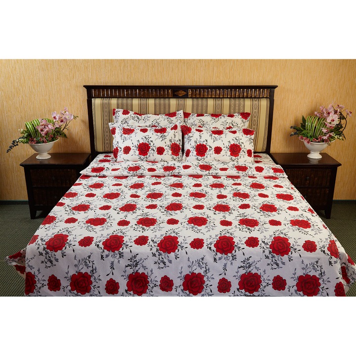Двойно спално бельо 220 х 240см, 4 части, 100% памук, Kat & Dor, Червени рози