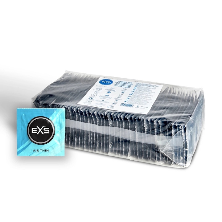 EXS Air Thin Condoms, комплект от 100 броя, естествен латекс, 56 мм, без мирис, текстурирани