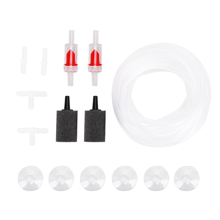 Accesorii pentru pompa de aer acvariu, Enforose, set 2 supape de verificare, 6 ventuze, 1 tub, 2 pietre de aer, plastic