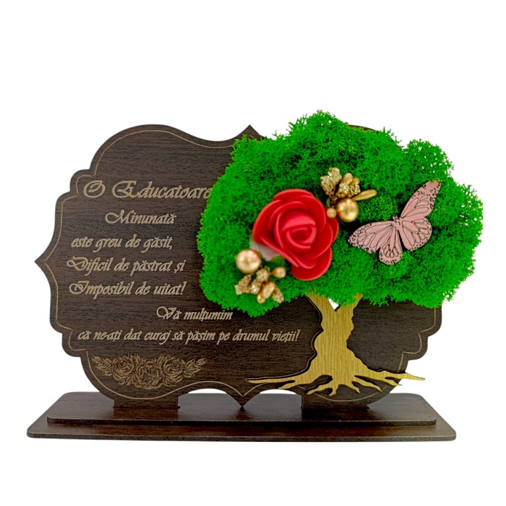 Decoratiune tablou cu suport, personalizat cu mesaj standard, cadou pentru "Educatoare", wenge, dimensiune 30x18cm