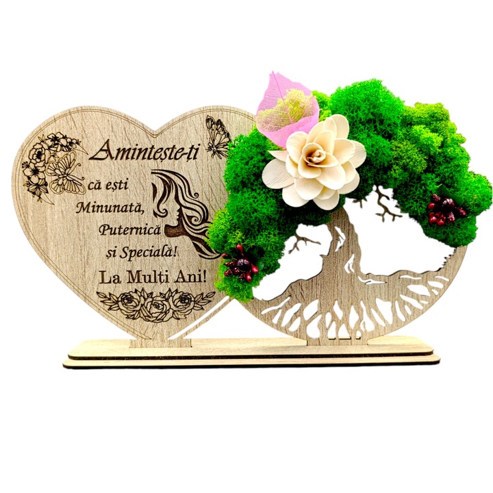Decoratiune Copacul Vietii cu suport si Inima, cadou personalizat cu mesaj standard ''Aminteste-ti ca esti Minunata, Puternica..", Sonoma, dimensiune 30x16cm