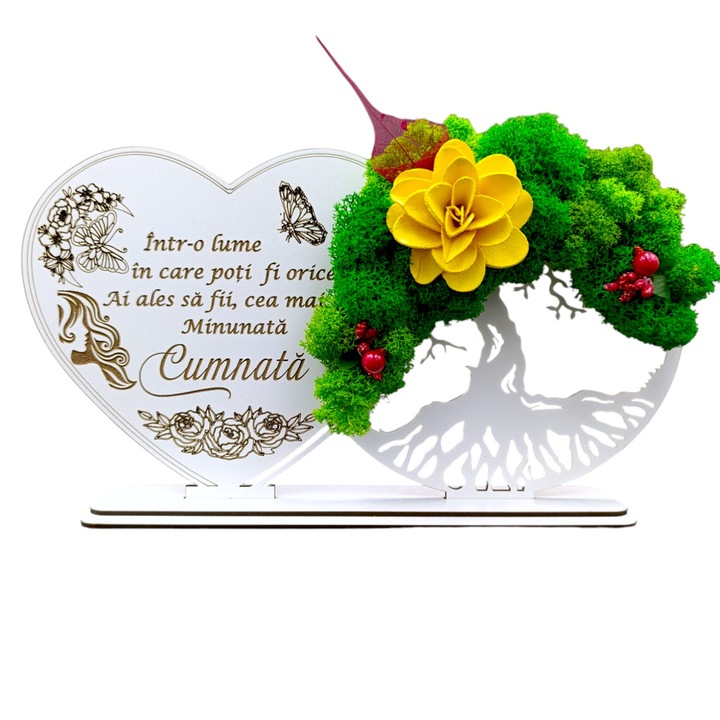 Decoratiune Copacul Vietii cu suport si Inima, cadou personalizat cu mesaj standard pentru Cumnata ''Intr-o lume in care poti fii orice..", Alb, dimensiune 30x16cm