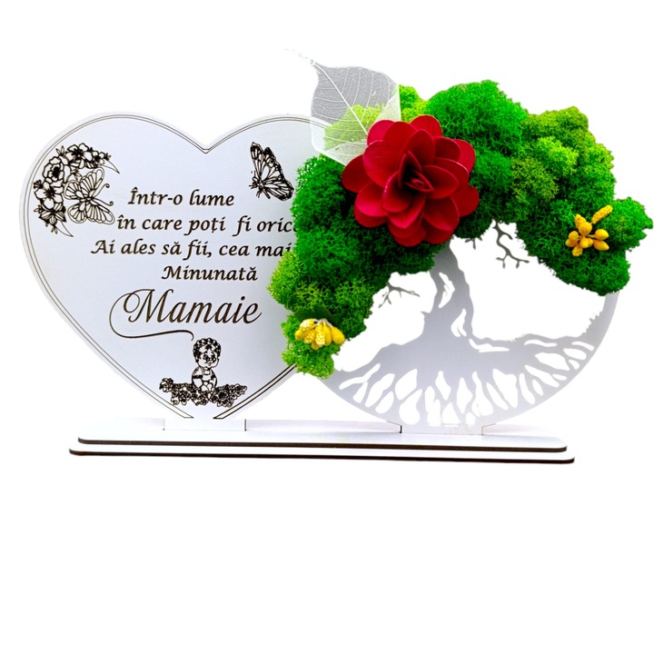 Decoratiune Copacul Vietii cu suport si Inima, cadou personalizat cu mesaj standard pentru Mamaie ''Intr-o lume in care poti fii orice..", Alb, dimensiune 30x16cm