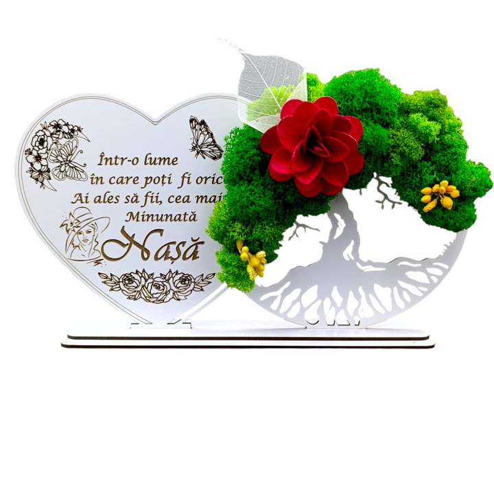 Decoratiune Copacul Vietii cu suport si Inima, cadou personalizat cu mesaj standard pentru Nasa ''Intr-o lume in care poti fii orice..", Alb, dimensiune 30x16cm