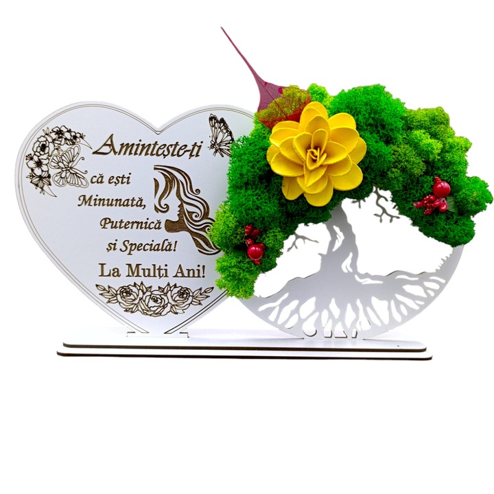Decoratiune Copacul Vietii cu suport si Inima, cadou personalizat cu mesaj standard ''Aminteste-ti ca esti Minunata, Puternica..", Alb, dimensiune 30x16cm