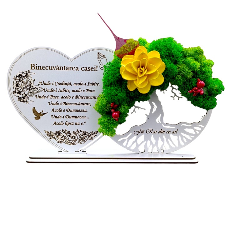 Decoratiune Copacul Vietii cu suport si Inima, cadou personalizat cu mesaj standard pentru "Binecuvantarea Casei", Alb, dimensiune 30x16cm