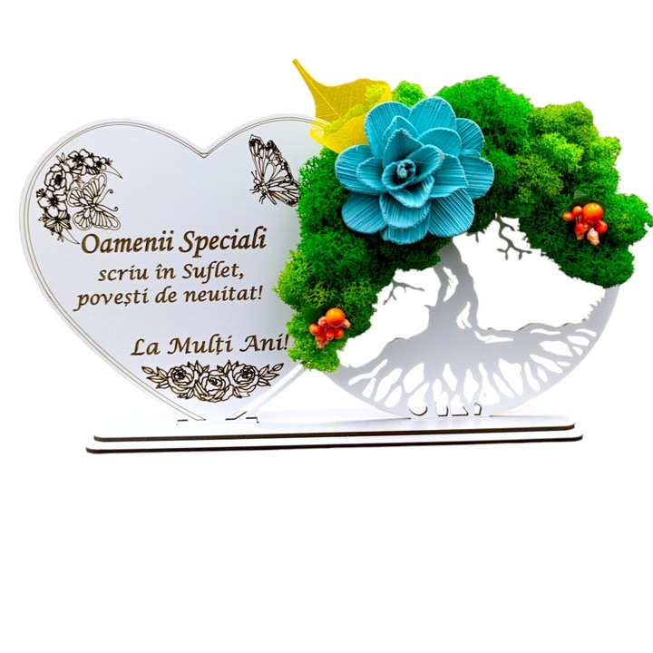 Decoratiune Copacul Vietii cu suport si Inima, cadou personalizat cu mesaj standard pentru "Oamenii Speciali", Alb, dimensiune 30x16cm