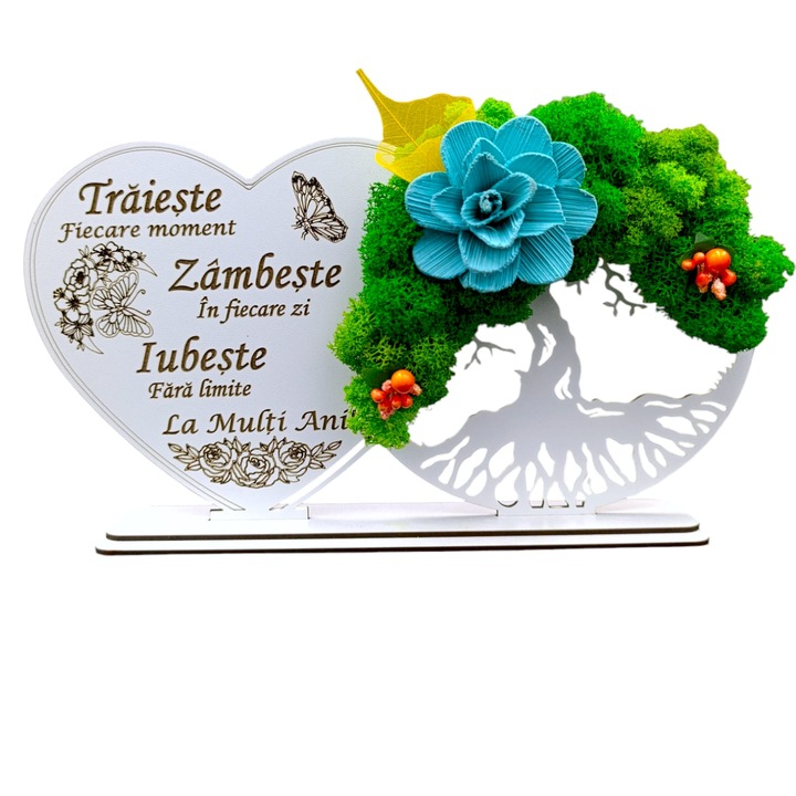Decoratiune Copacul Vietii cu suport si Inima, cadou personalizat cu mesaj standard "Traiete, Zambeste, Iubeste", Alb, dimensiune 30x16cm
