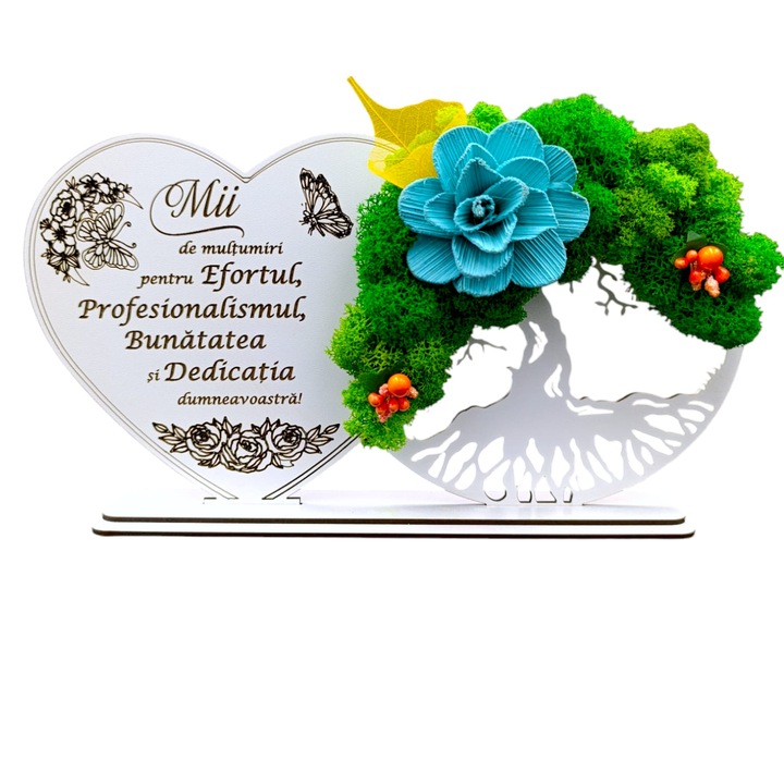 Decoratiune Copacul Vietii cu suport si Inima, cadou personalizat cu mesaj standard "Mii de multumiri pentru...", Alb, dimensiune 30x16cm