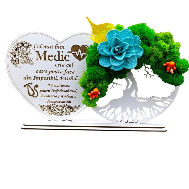 Decoratiune Copacul Vietii cu suport si Inima, cadou personalizat cu mesaj standard pentru "Cel mai bun Medic ...", Alb, dimensiune 30x16cm