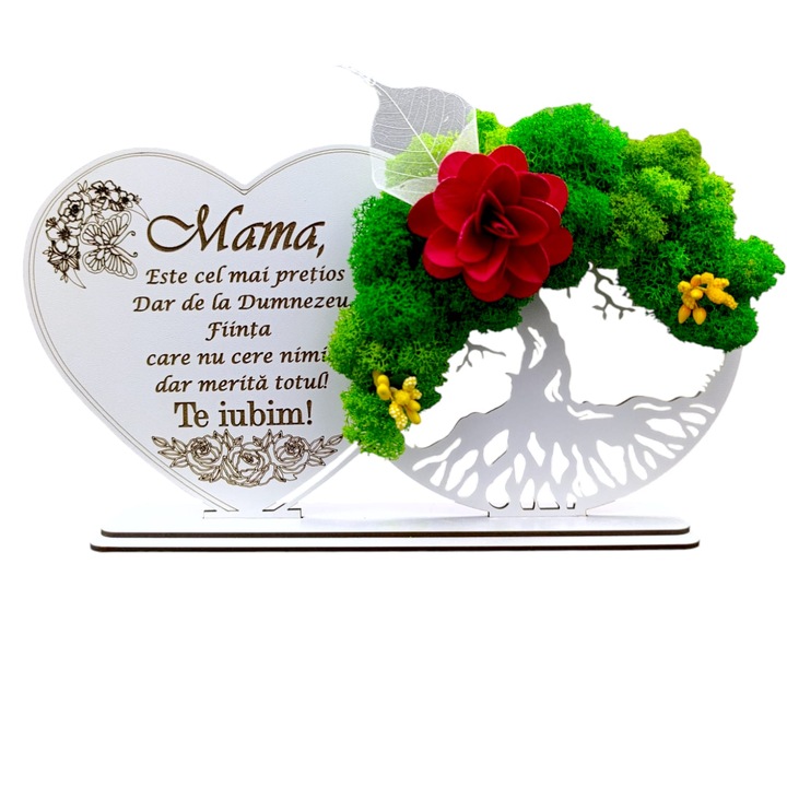 Decoratiune Copacul Vietii cu suport si Inima, cadou personalizat cu mesaj standard pentru Mama "Este cel mai pretios dar...", Alb, dimensiune 30x16cm