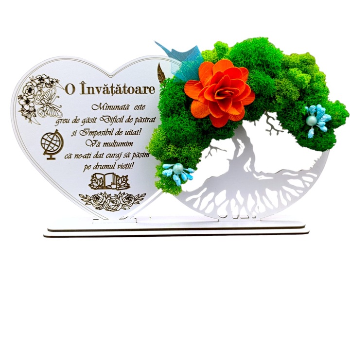 Decoratiune Copacul Vietii cu suport si Inima, cadou personalizat cu mesaj standard pentru "Invatatoare ", Alb, dimensiune 30x16cm