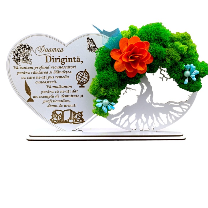 Decoratiune Copacul Vietii cu suport si Inima, cadou personalizat cu mesaj standard pentru "Doamna Diriginta", Alb, dimensiune 30x16cm