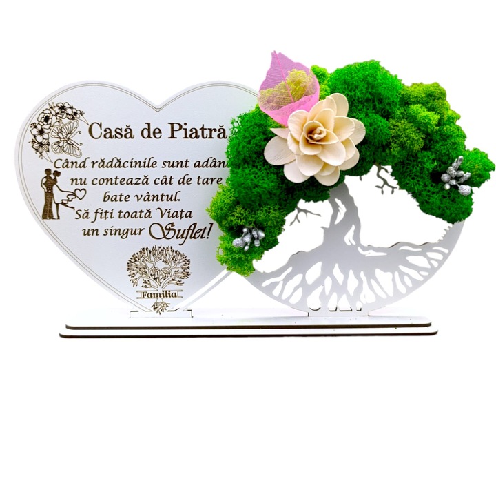 Decoratiune Copacul Vietii cu suport si Inima, cadou personalizat cu mesaj standard Nunta "Casa de Piatra...", Alb, dimensiune 30x16cm