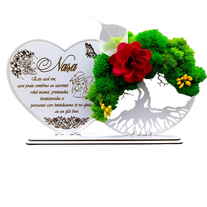 Decoratiune Copacul Vietii cu suport si Inima, cadou personalizat cu mesaj standard pentru Nasa "Este acel om care..", Alb, dimensiune 30x16cm