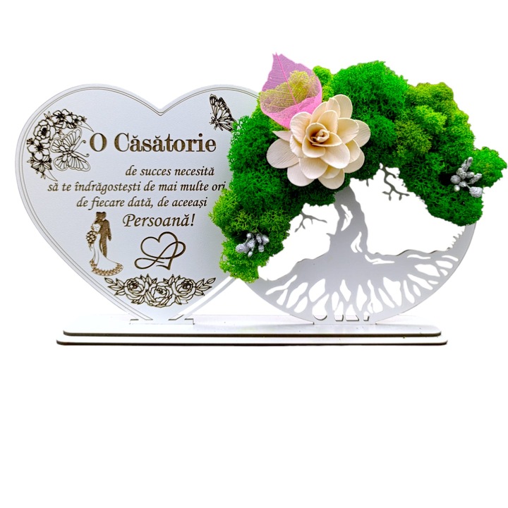 Decoratiune Copacul Vietii cu suport si Inima, cadou personalizat cu mesaj standard pentru Nunta "O Casatorie de succes necesita...", Alb, dimensiune 30x16cm