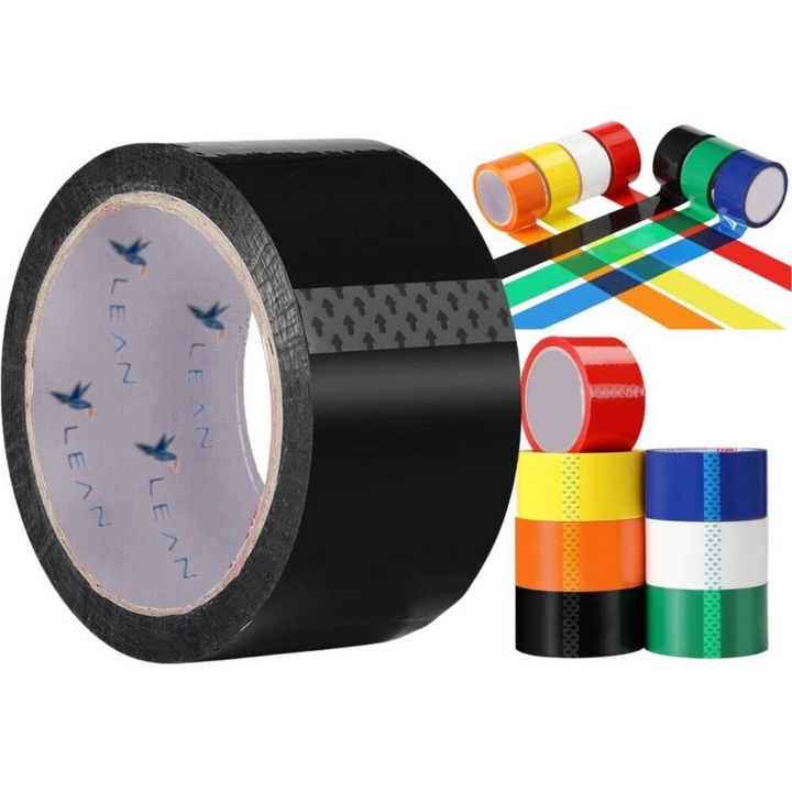 Banda adeziva acrilica neagra 45m, Leantoys, rezistenta la umiditate si UV, 48mm, set 6 bucati