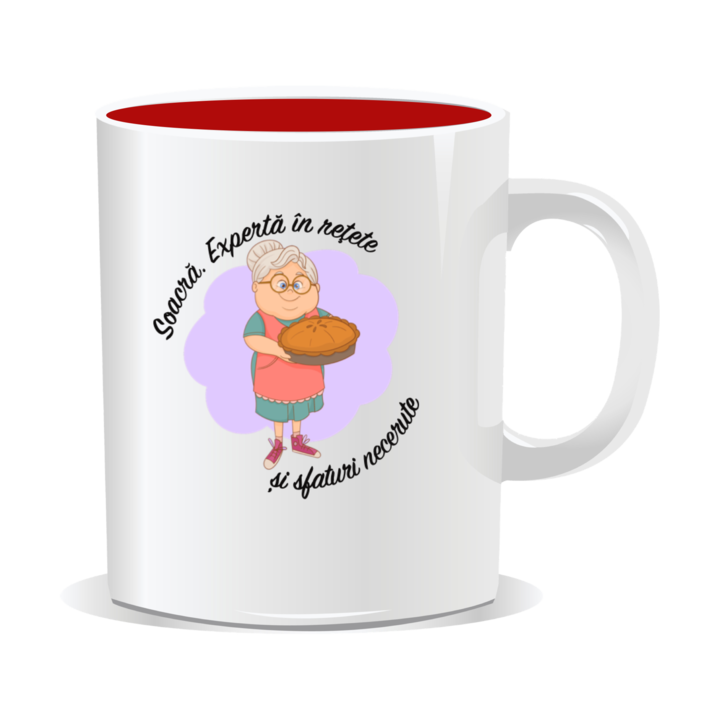 Cana personalizata cu mesaje pentru soacre, Experta in retete si sfaturi necerute, 330ml, interior rosu