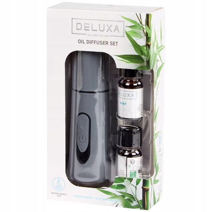 Difuzor de aroma set Deluxa, 2 uleiuri esentiale premium, menta si lemn de santal, cu cablu USB-C