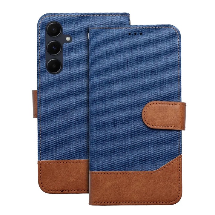 megaMOBILE®-Husa Jeans Book flip borító kártyahelyes mágneses zárással Xiaomi Redmi 14C-hez, kék barnával