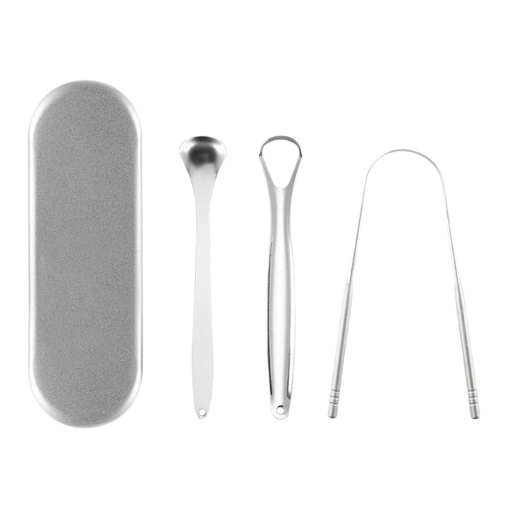 Rozsdamentes acél nyelvtisztító készlet, 3 db, tároló dobozzal
