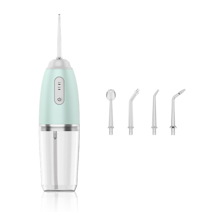 Szájöblítő, változtatható frekvenciájú impulzus, 3 üzemmód, intelligens időzítő, vízálló, 4 multifunkcionális pótfej, 1200 mAh akkumulátor, zöld