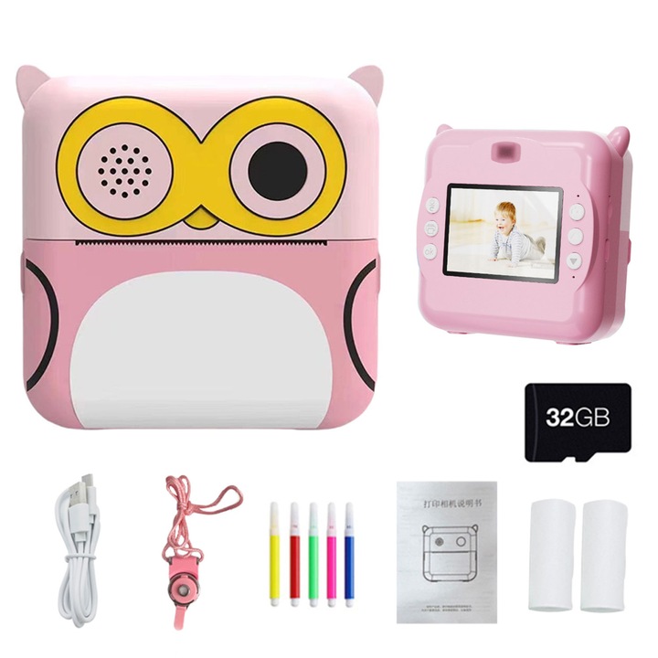 Aparat Foto Instant Copii, 3 role, 2000 pixeli, camera duala, selfie cu zoom dublu 1080P 8x, potrivit pentru copii, memorie 32G, filme Full HD, mini-jocuri, player muzical, 3 role de hartie de imprimare, slot pentru card SD, roz