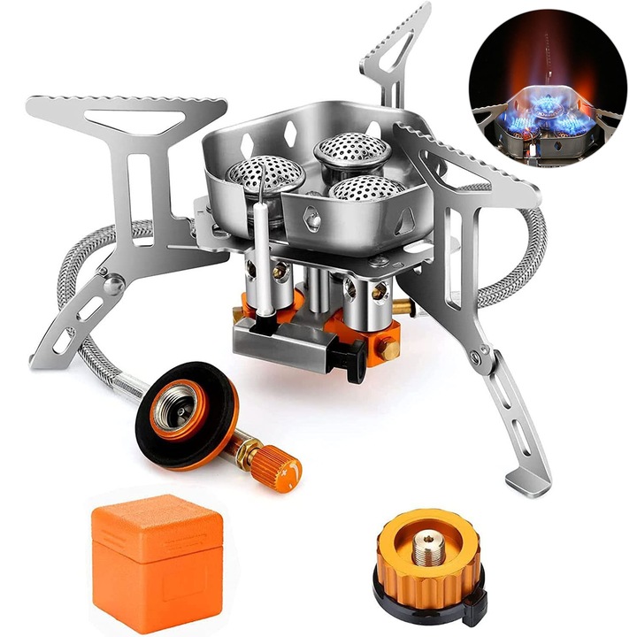 Kemping égő, 5800W, piezoelektromos gyújtással, edénytartóval, hordozható, összecsukható, adapterrel, ezüst