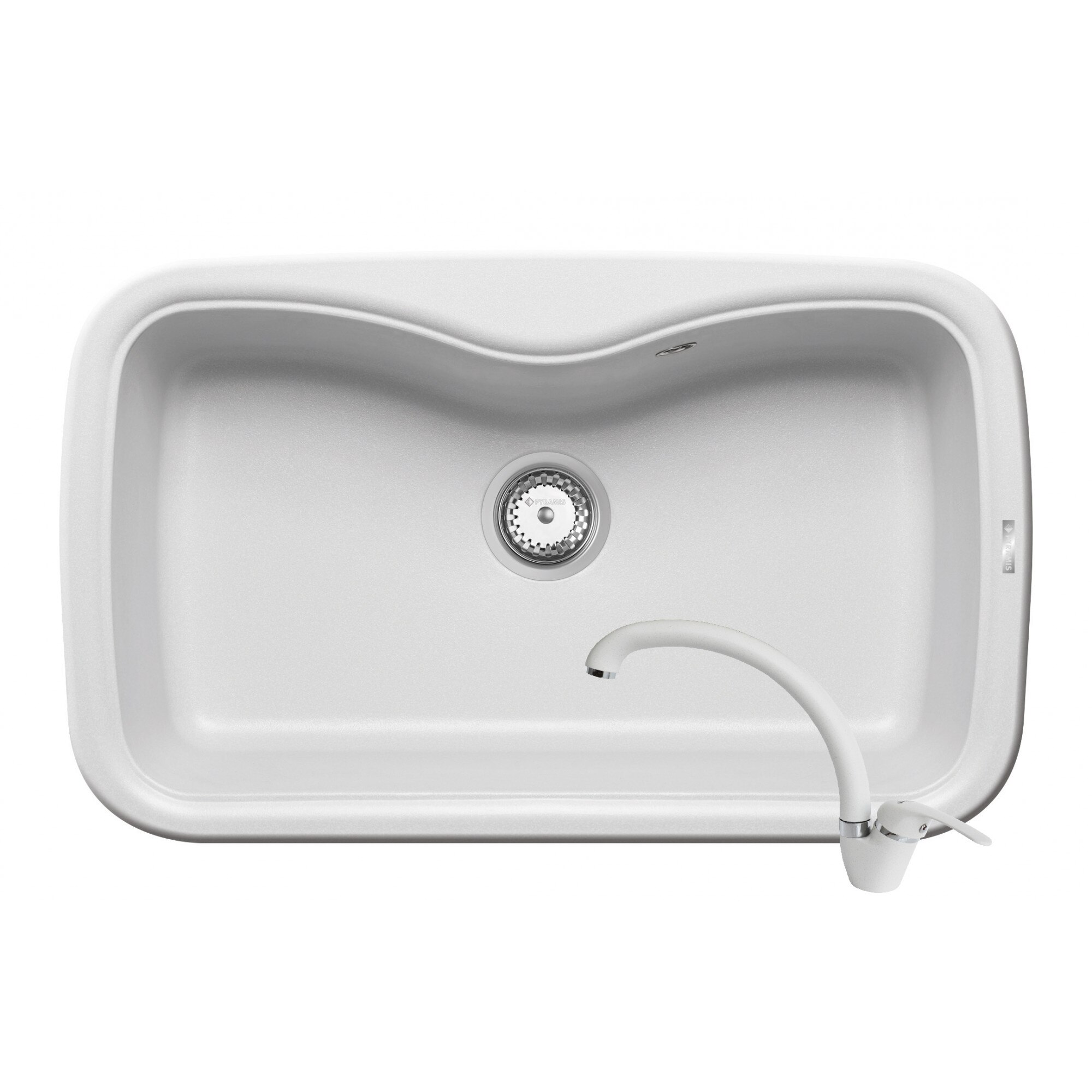 Pachet Pyramis chiuveta si baterie de bucatarie AEOLIA 820x500mm, adancime cuva 210mm, montare pe blat, pipa inalta, finisaj alb