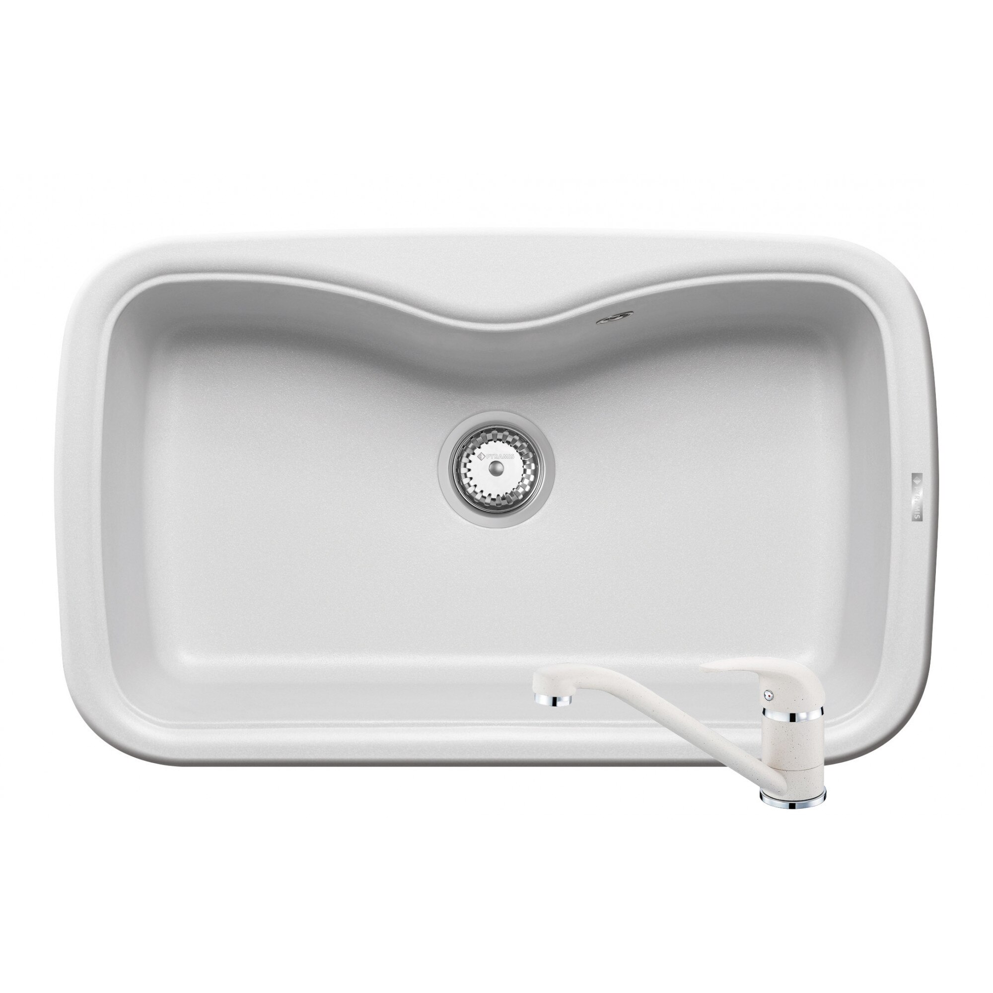 Pachet Pyramis chiuveta si baterie de bucatarie AEOLIA 820x500mm, adancime cuva 210mm, montare pe blat, pipa lunga, finisaj alb