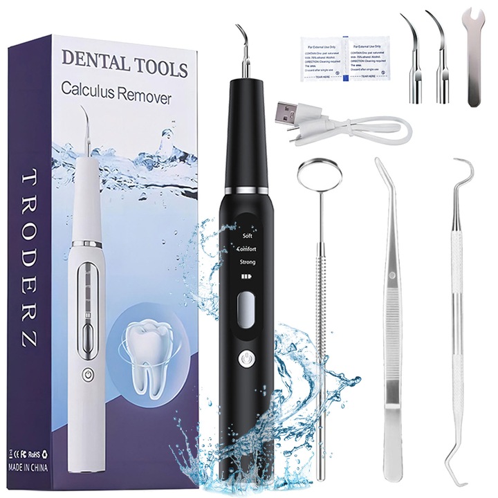 Fogtisztító készülék, 3 állítható intenzitású, 3 tisztítófej, IPX7 vízálló, fekete