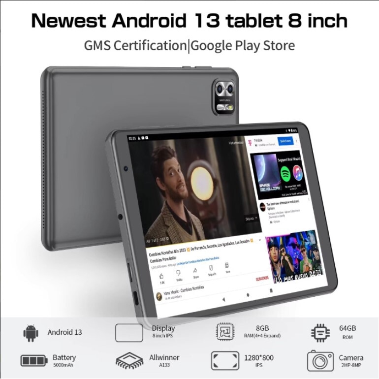 Tableta Pritom B8, 8'', Octa Core, 5G, 64 GB, 8 GB RAM, gri