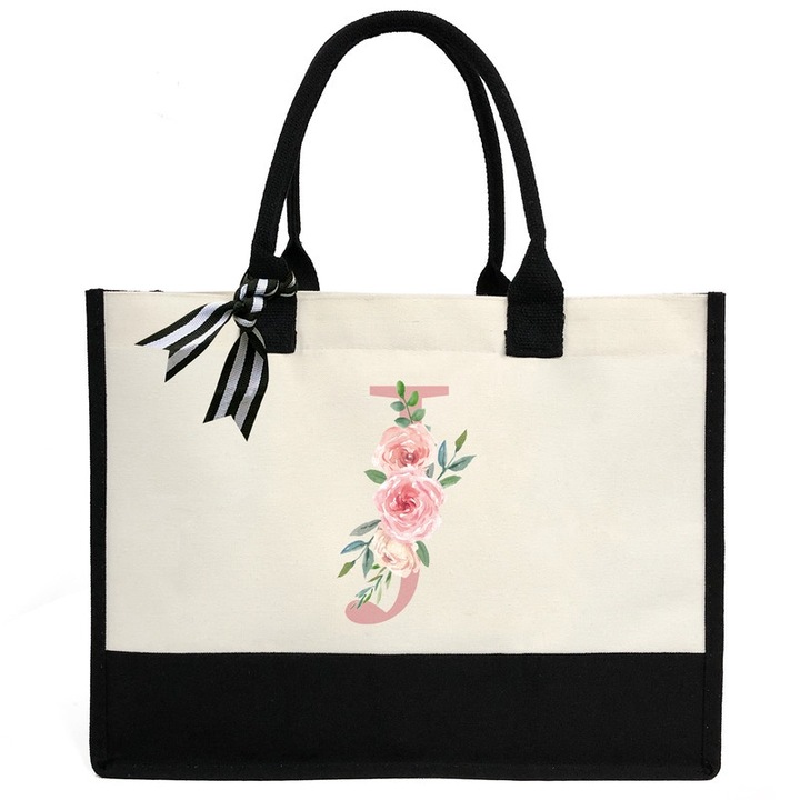 Személyre szabott táska virágos J betűvel, ZHONYEE, 43x33x17cm, tartós vászon anyagból