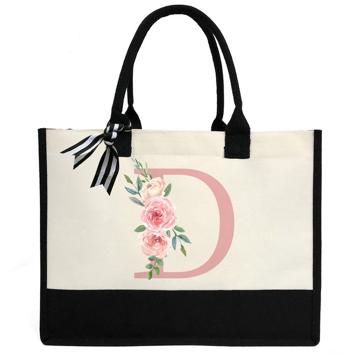 Személyre szabott vászontáska D betűvel, ZHONYEE mintával, virágmintával, 43x33x17cm