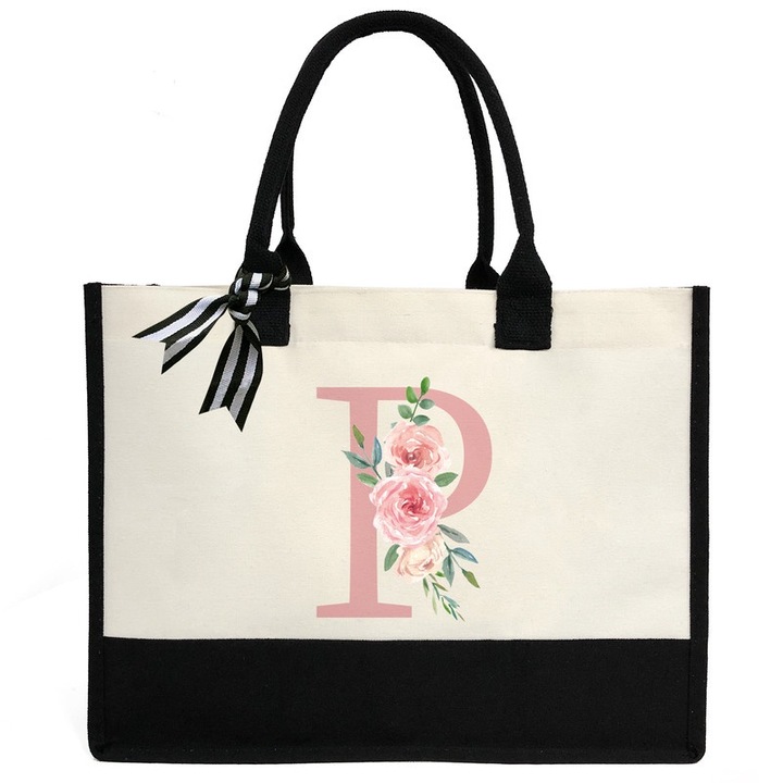 Személyre szabott vászontáska P betűvel, ZHONYEE mintával, virágmintával, 43x33x17cm