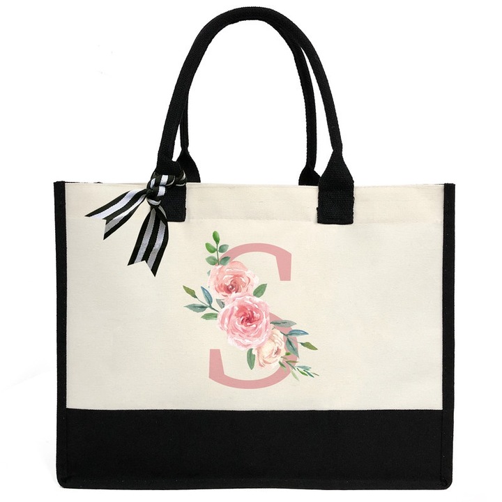Személyre szabott vászontáska S betűvel, ZHONYEE, virágmintával, 43x33x17cm