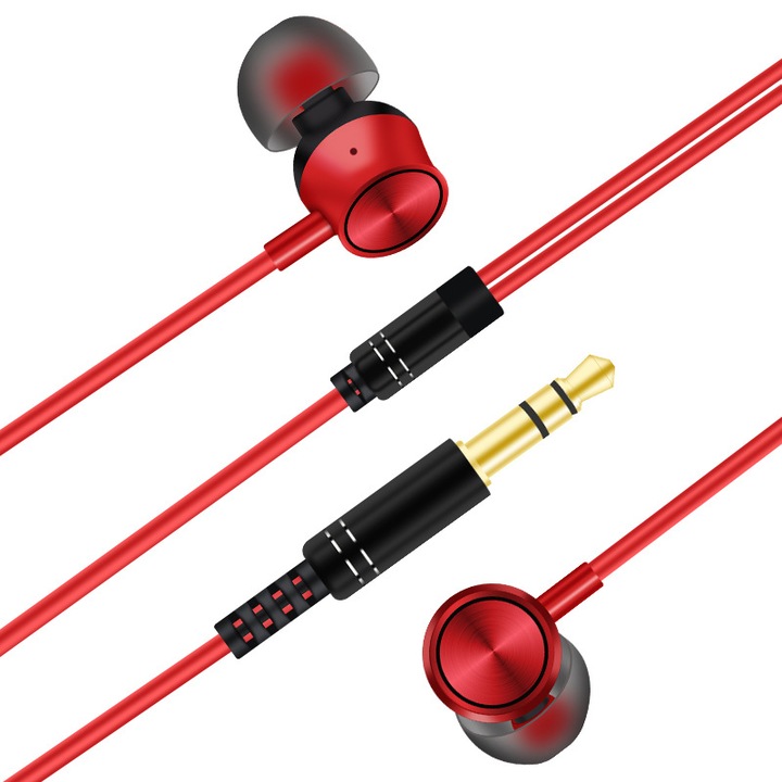 Vezetékes fejhallgató, fülbe helyezhető, mikrofonos, piros, 120cm