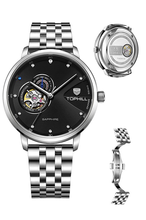 TOPHILL Автоматичен механичен часовник със скелет, 5ATM водоустойчив, 316L неръждаема стомана, сапфирен кристал, закопчалка тип пеперуда, 24-часов индикатор, черен