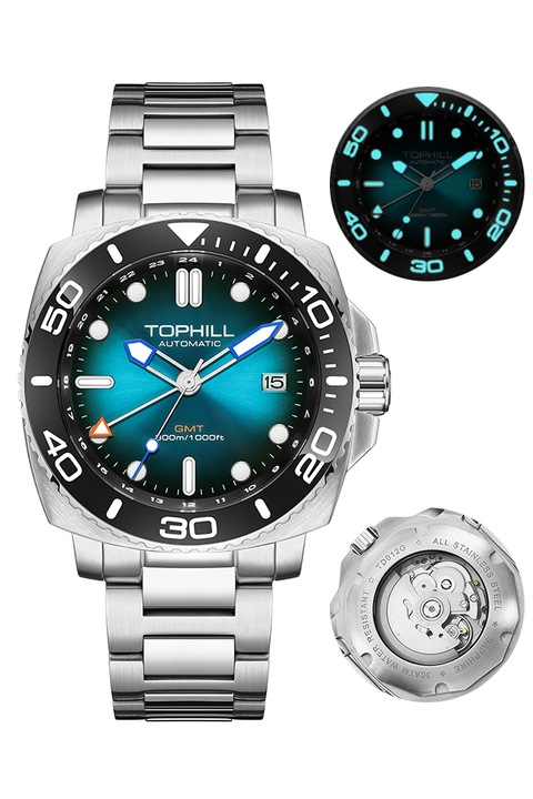 TOPHILL Ceas Automatic Diver pentru barbati. Cu mecanism NH34, GMT si rezistenta la 30 ATM. Confectionat din otel inoxidabil 316L cu cristal de safir, Turcoaz